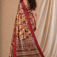 Vibrant Rust Red Abstract Ethnic Print Chiffon Silk Saree