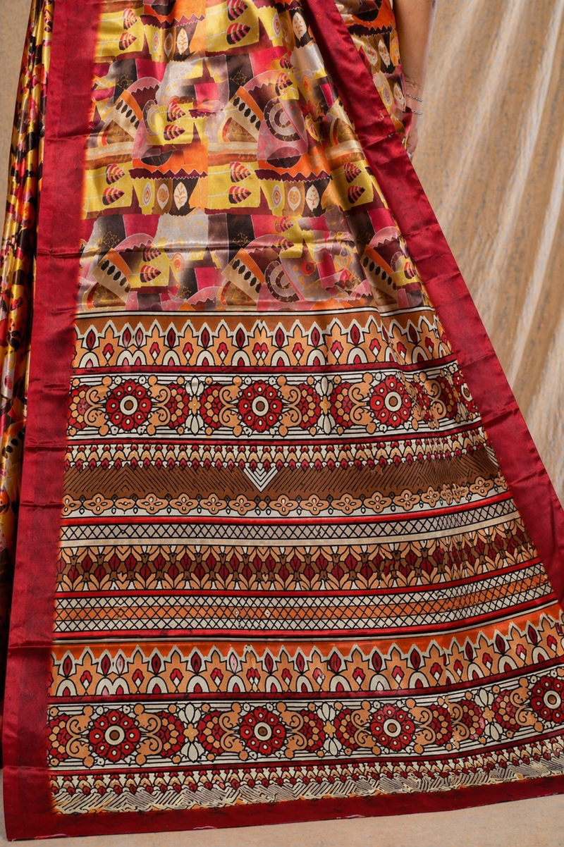 Vibrant Rust Red Abstract Ethnic Print Chiffon Silk Saree