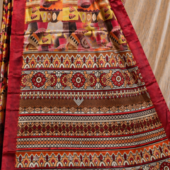 Vibrant Rust Red Abstract Ethnic Print Chiffon Silk Saree