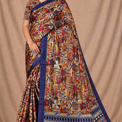 Multicolor Ethnic Geometric Print Chiffon Silk Saree with Blue Border