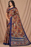 Multicolor Ethnic Geometric Print Chiffon Silk Saree with Blue Border