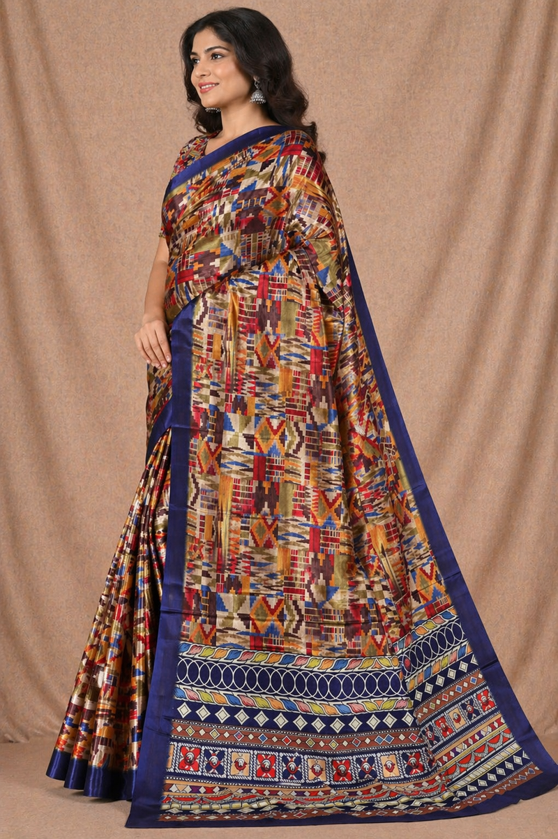 Multicolor Ethnic Geometric Print Chiffon Silk Saree with Blue Border