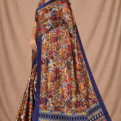 Multicolor Ethnic Geometric Print Chiffon Silk Saree with Blue Border