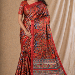 Elegant Red Ethnic Motif Digital Print Chiffon Silk Saree