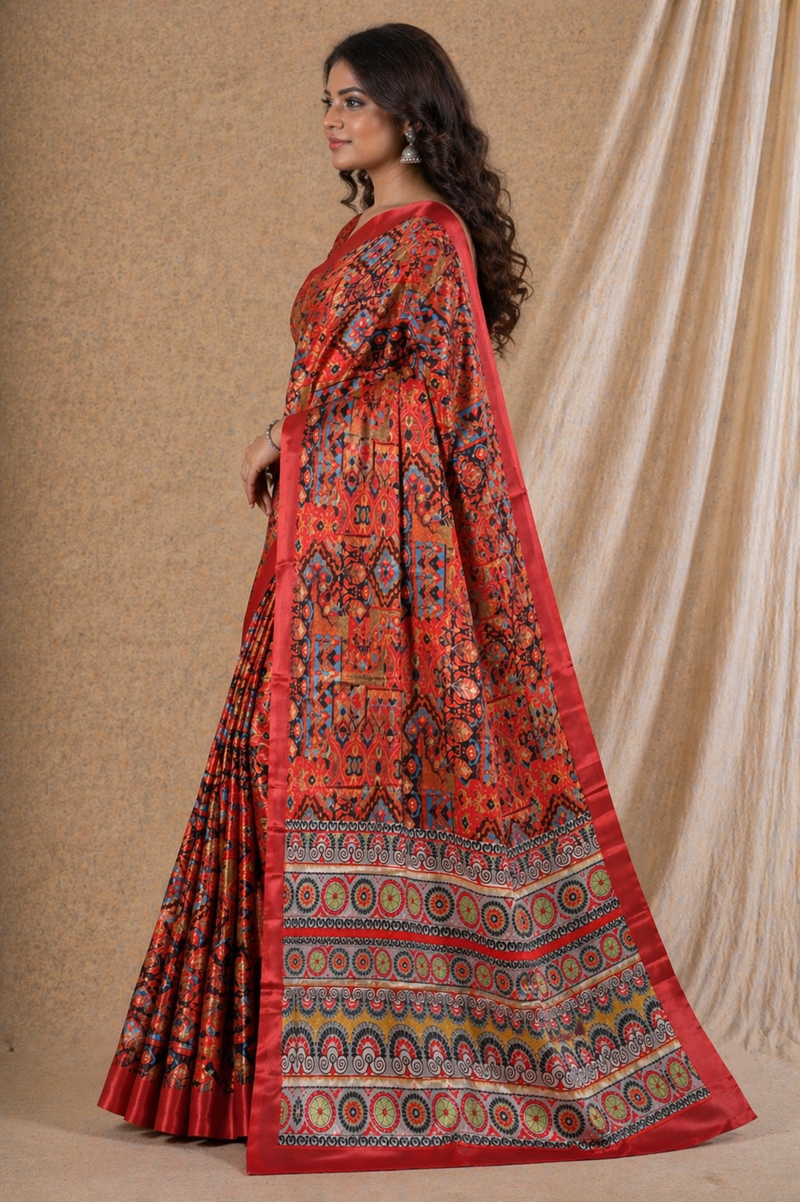 Elegant Red Ethnic Motif Digital Print Chiffon Silk Saree