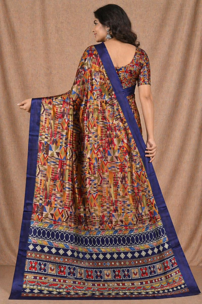Multicolor Ethnic Geometric Print Chiffon Silk Saree with Blue Border