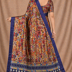 Multicolor Ethnic Geometric Print Chiffon Silk Saree with Blue Border
