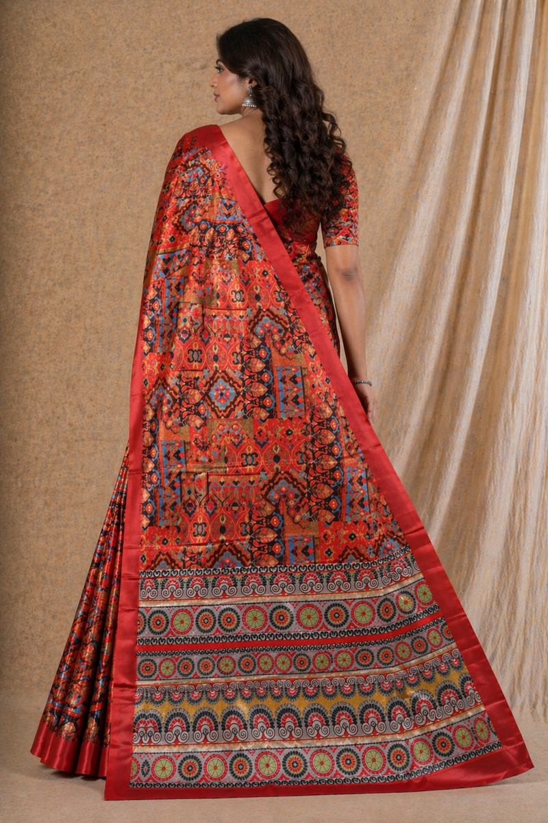 Elegant Red Ethnic Motif Digital Print Chiffon Silk Saree