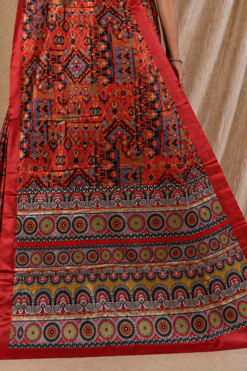 Elegant Red Ethnic Motif Digital Print Chiffon Silk Saree
