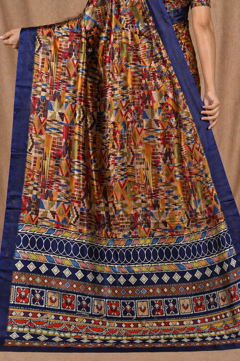 Multicolor Ethnic Geometric Print Chiffon Silk Saree with Blue Border