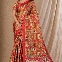 Vibrant Red Patchwork Digital Print Chiffon Silk Saree