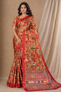 Vibrant Red Patchwork Digital Print Chiffon Silk Saree