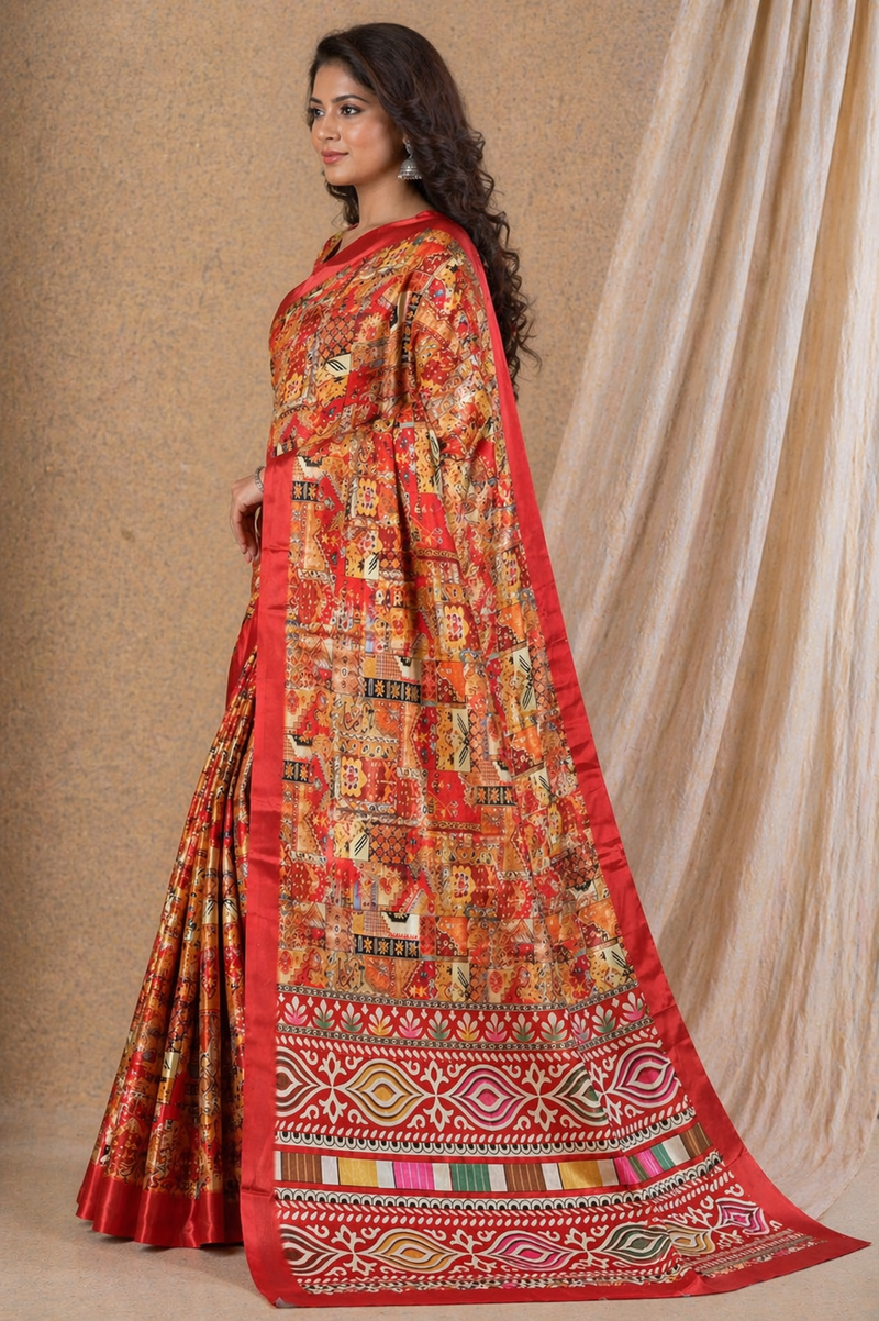 Vibrant Red Patchwork Digital Print Chiffon Silk Saree