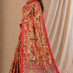 Vibrant Red Patchwork Digital Print Chiffon Silk Saree
