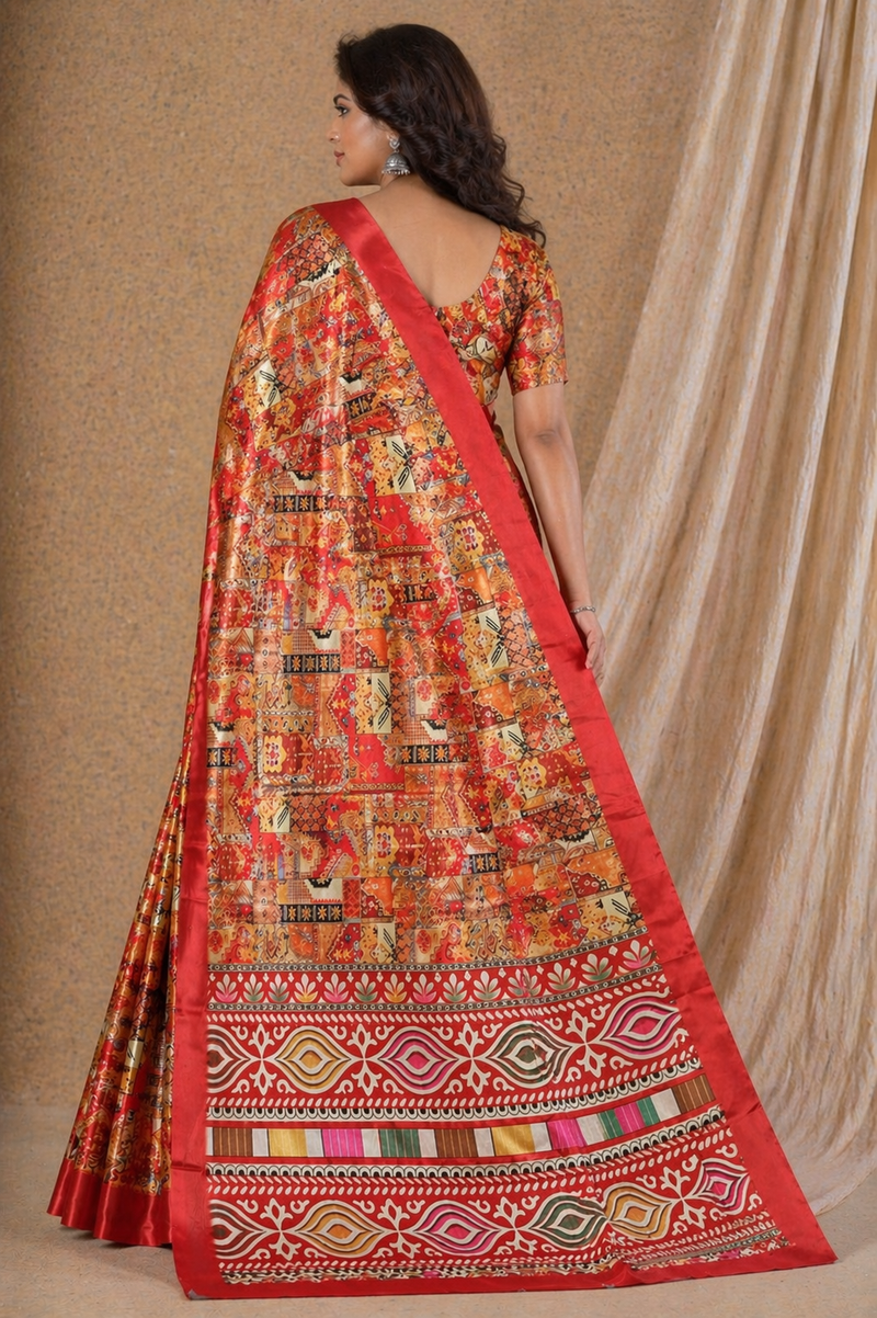 Vibrant Red Patchwork Digital Print Chiffon Silk Saree