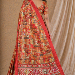 Vibrant Red Patchwork Digital Print Chiffon Silk Saree