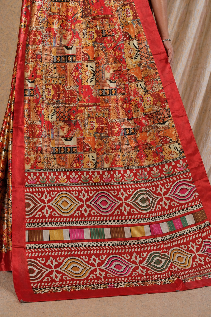 Vibrant Red Patchwork Digital Print Chiffon Silk Saree