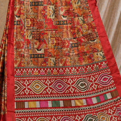 Vibrant Red Patchwork Digital Print Chiffon Silk Saree