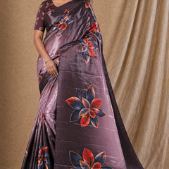 Elegant Coffee Brown Floral Digital Print Chiffon Silk Saree