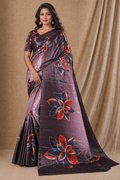 Elegant Coffee Brown Floral Digital Print Chiffon Silk Saree