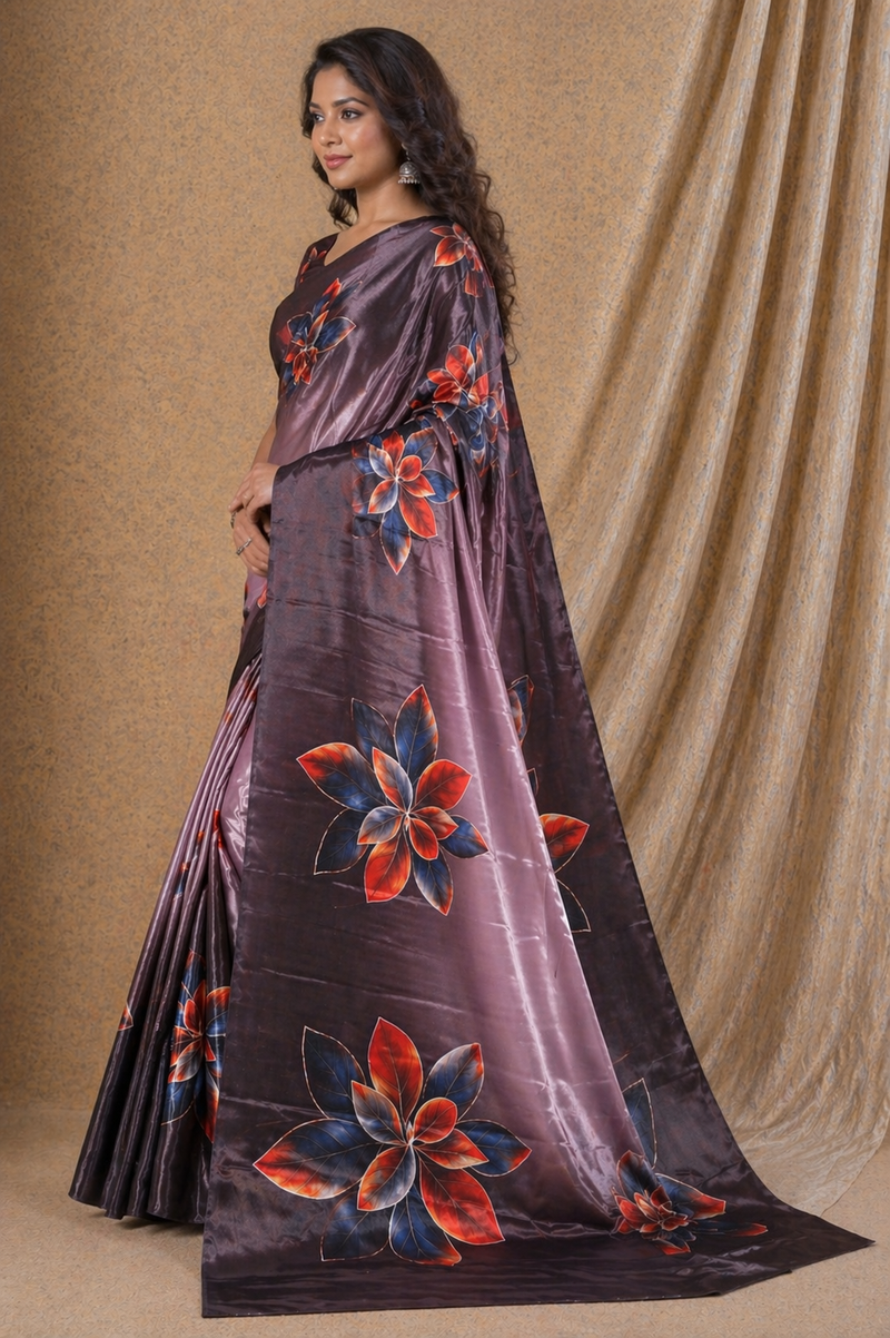 Elegant Coffee Brown Floral Digital Print Chiffon Silk Saree