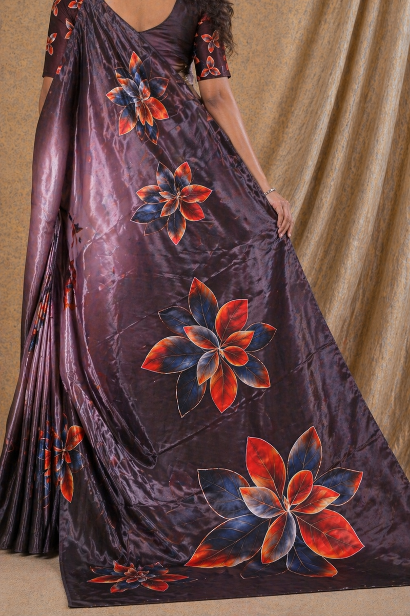 Elegant Coffee Brown Floral Digital Print Chiffon Silk Saree