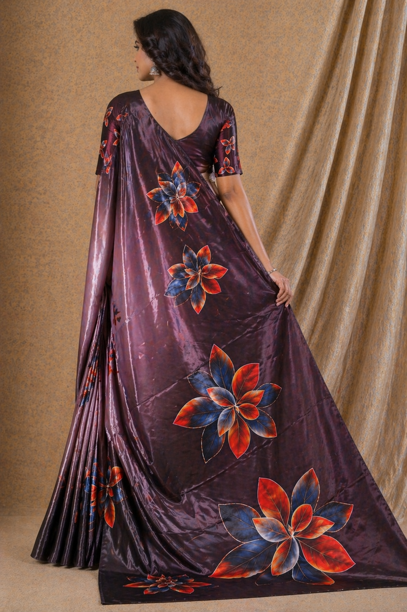 Elegant Coffee Brown Floral Digital Print Chiffon Silk Saree