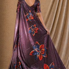 Elegant Coffee Brown Floral Digital Print Chiffon Silk Saree