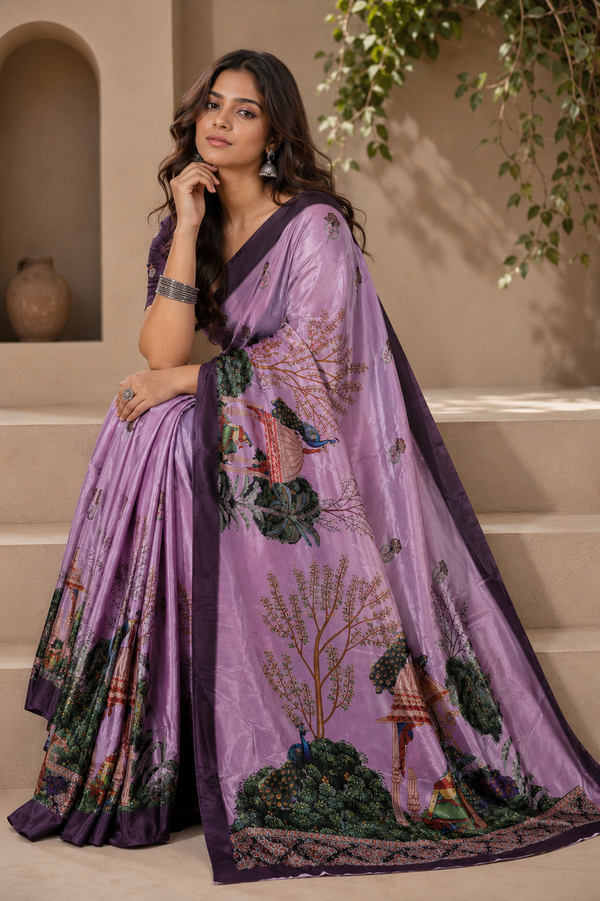 Lavender Pink Scenic Printed Silk Saree With Peacock Design