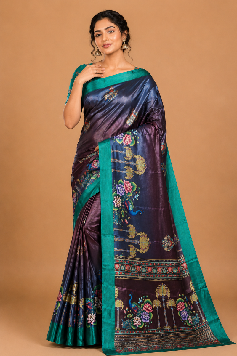 Teal Peacock Border Designer Silk Saree