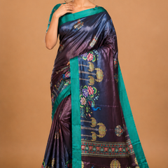 Teal Peacock Border Designer Silk Saree