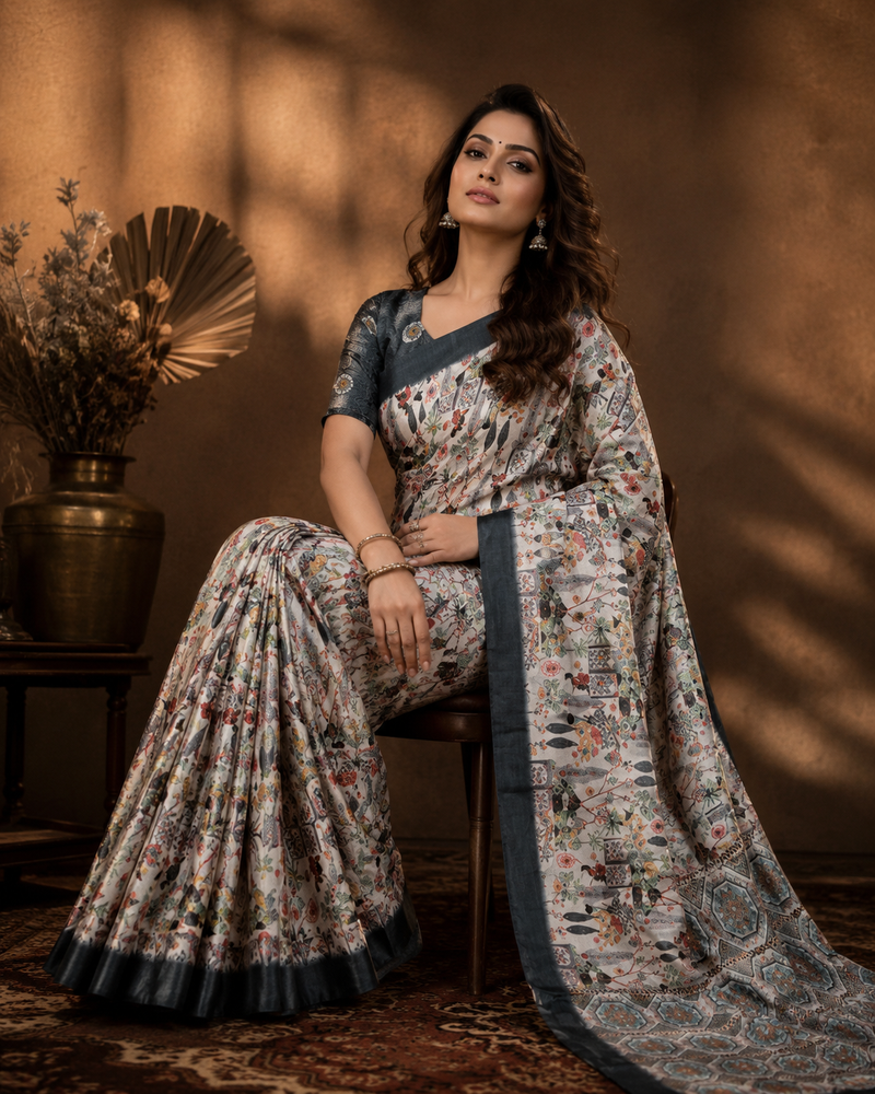 Heritage Sketch Print Chiffon Silk Saree