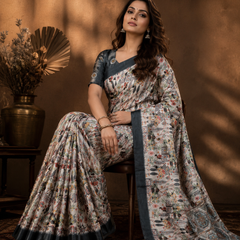 Heritage Sketch Print Chiffon Silk Saree