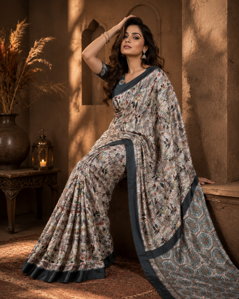 Heritage Sketch Print Chiffon Silk Saree