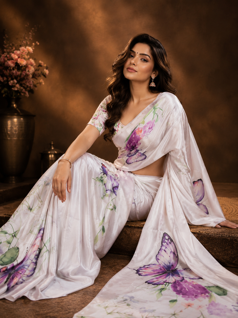 Butterfly Meadow Chiffon Silk Saree