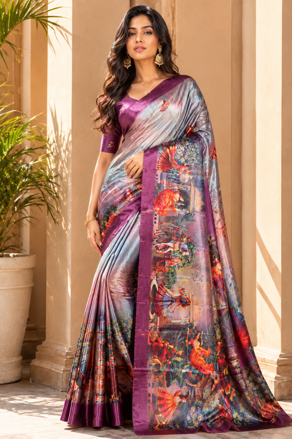 Silver Plum Fantasy Garden Silk Saree