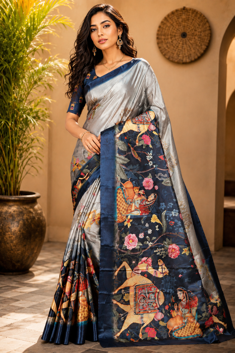 Royal Silver Bird Art Silk Saree