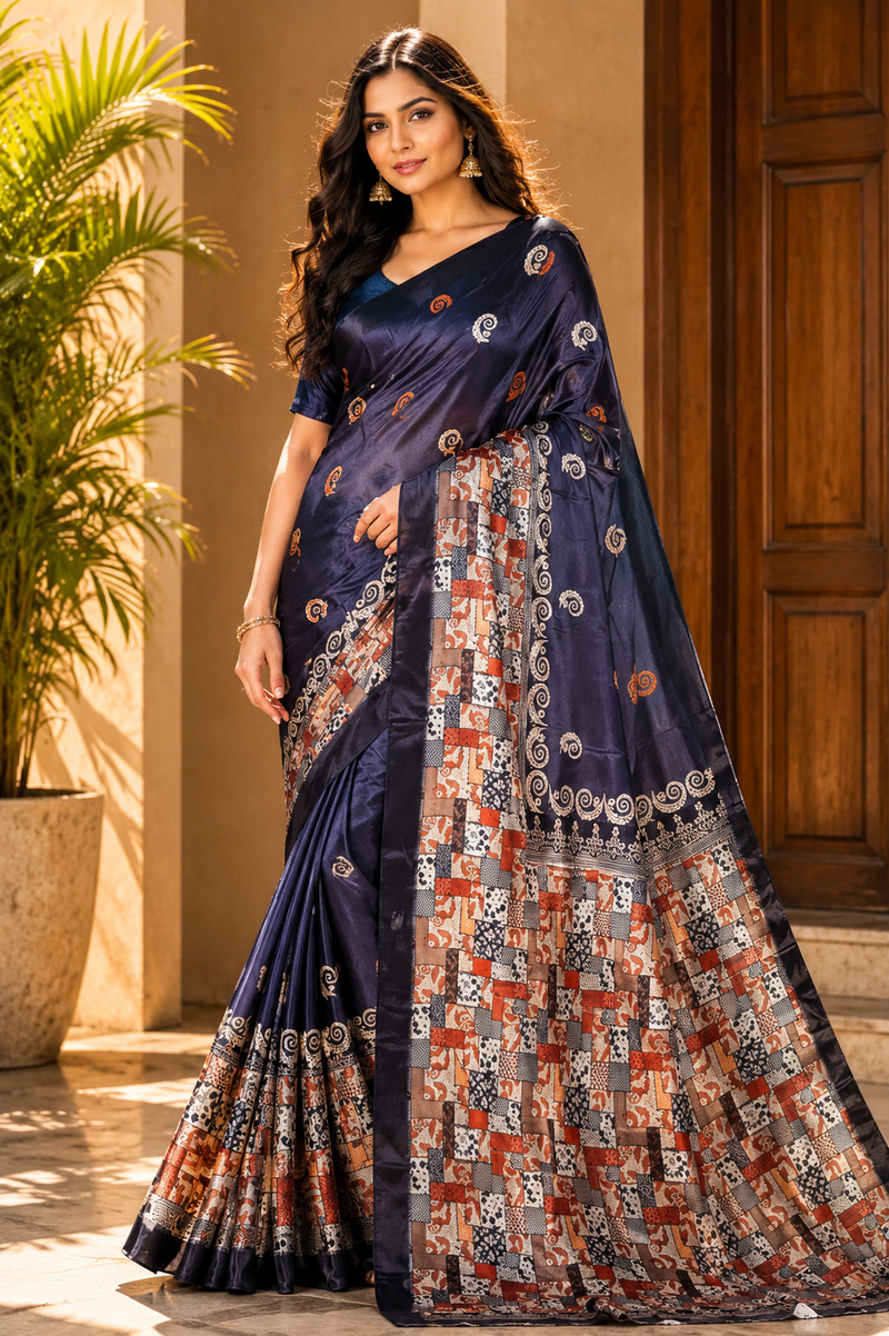 Blue Abstract Geometric Chiffon Silk Saree