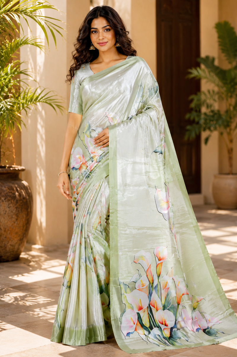 Elegant Sage Green Floral Printed Silk Saree With Lily Motif