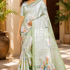 Elegant Sage Green Floral Printed Silk Saree With Lily Motif