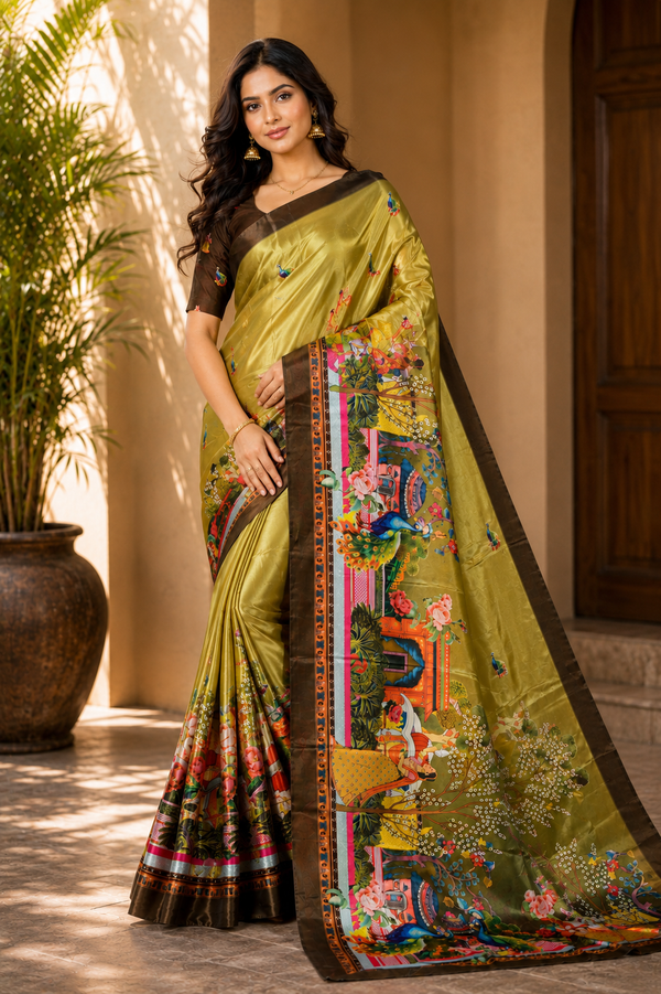 Elegant Olive Green Peacock Garden Print Chiffon Silk Saree