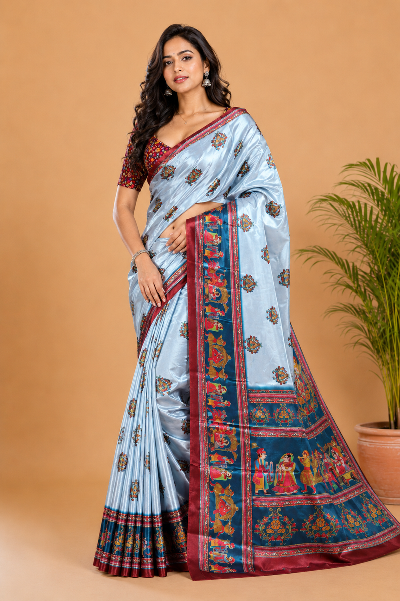 Powder Blue and Teal Paithani Print Satin Saree