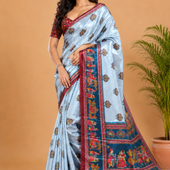 Powder Blue and Teal Paithani Print Satin Saree