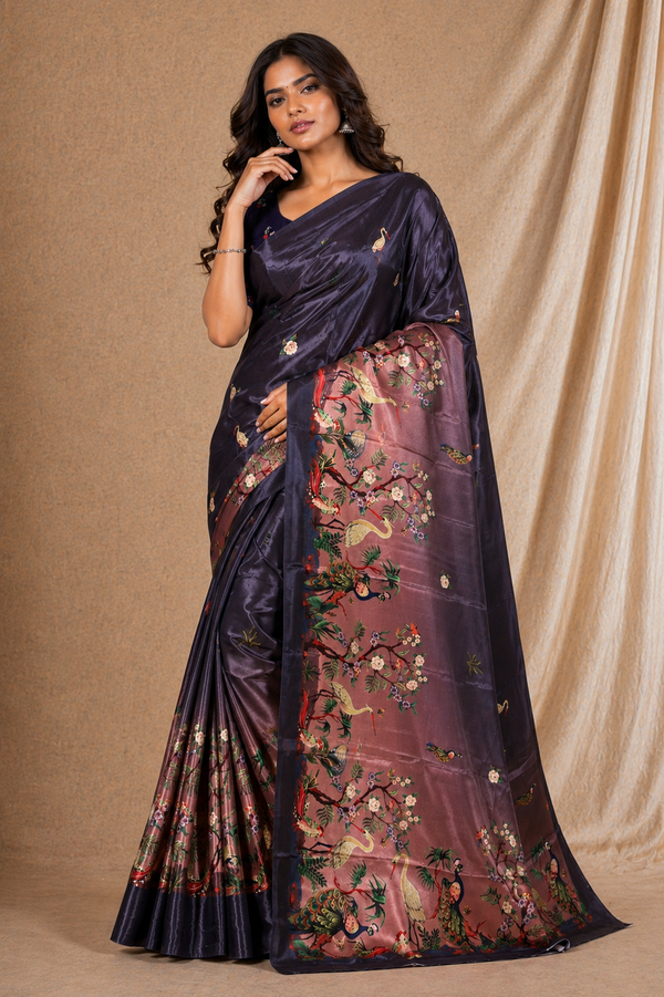 Elegant Wine Purple Silk Saree With Peacock & Floral Garden Print