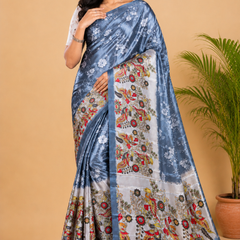 Steel Blue Paithani Print Satin Saree