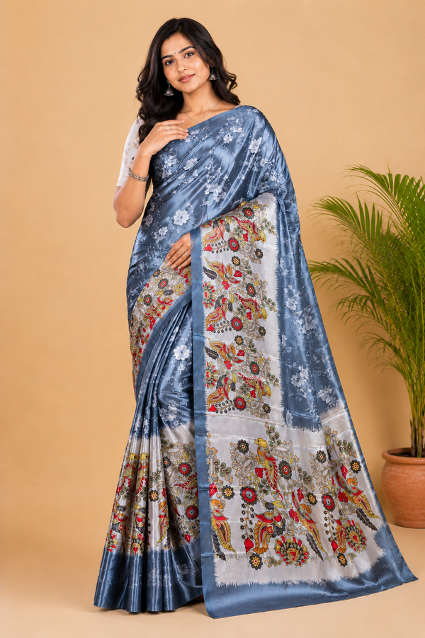 Steel Blue Paithani Print Satin Saree