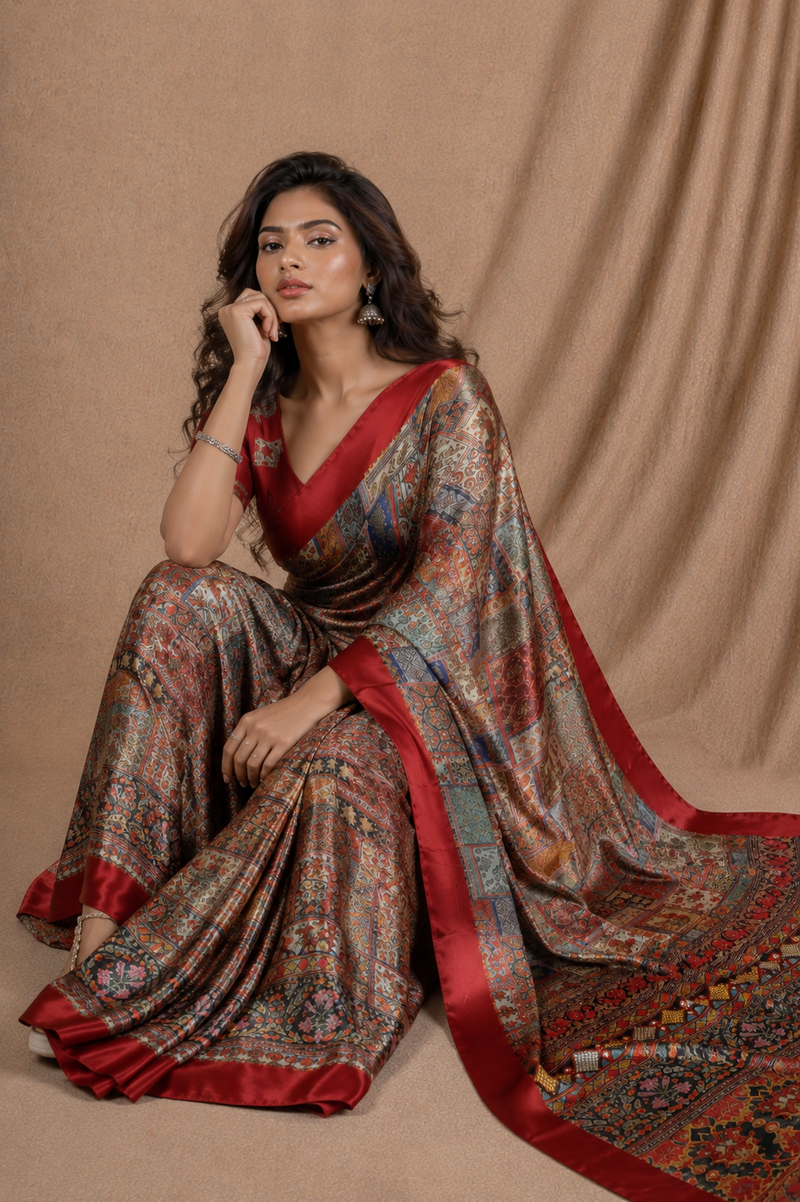 Royal Red Multicolor Patchwork Printed Silk Saree With Ethnic Border