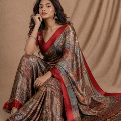 Royal Red Multicolor Patchwork Printed Silk Saree With Ethnic Border