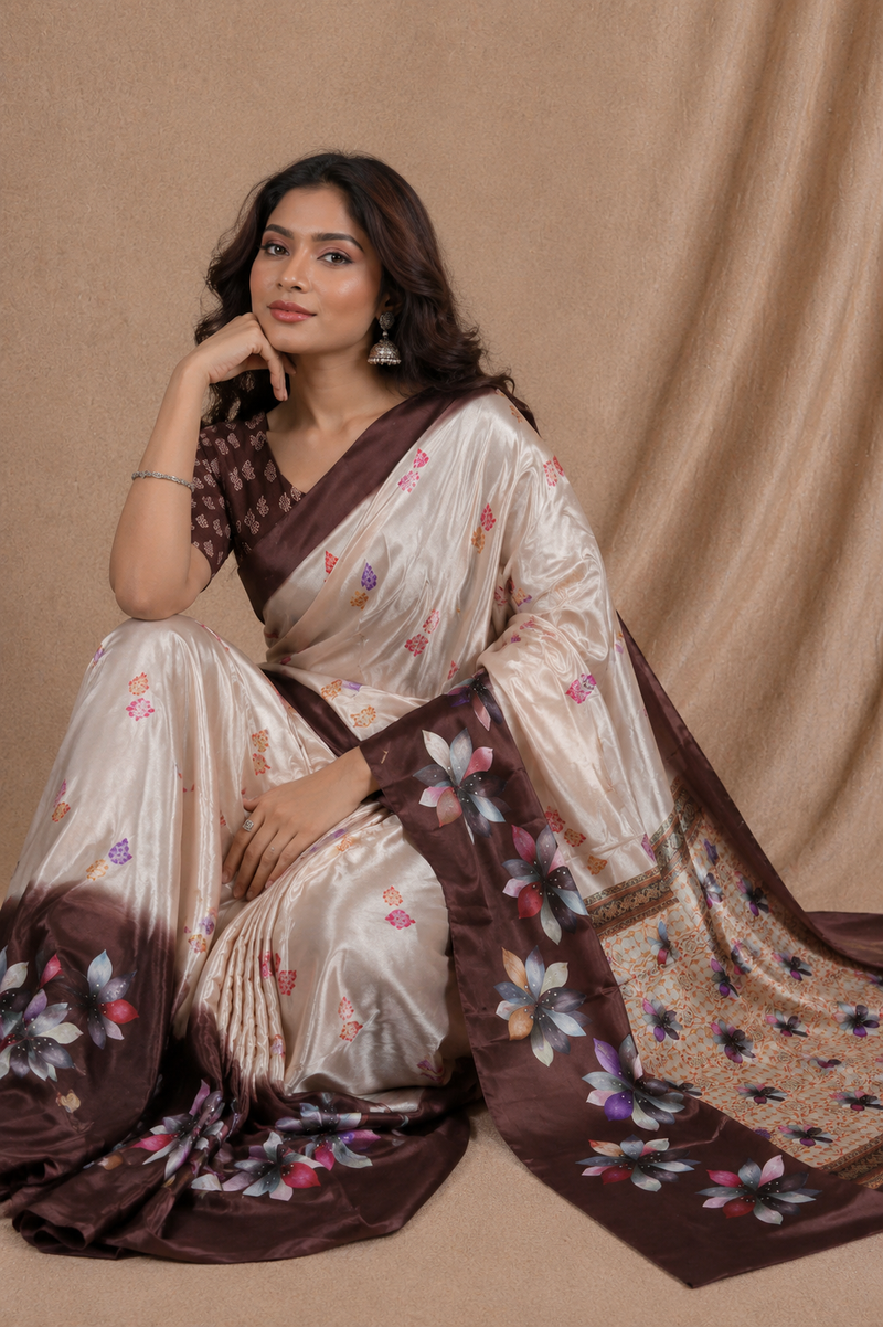 Elegant Beige & Brown Floral Printed Silk Saree With Designer Pallu