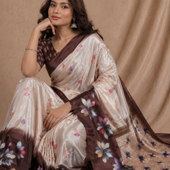 Elegant Beige & Brown Floral Printed Silk Saree With Designer Pallu